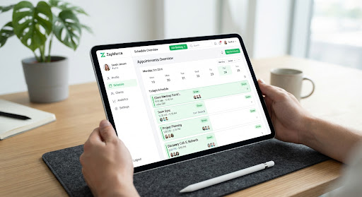 A high-fidelity modern SaaS interface mockup displayed on a sleek digital tablet. The interface shows a vibrant scheduling dashboard with green accent colors, clean card layouts for calendar events, and a professional user profile sidebar.